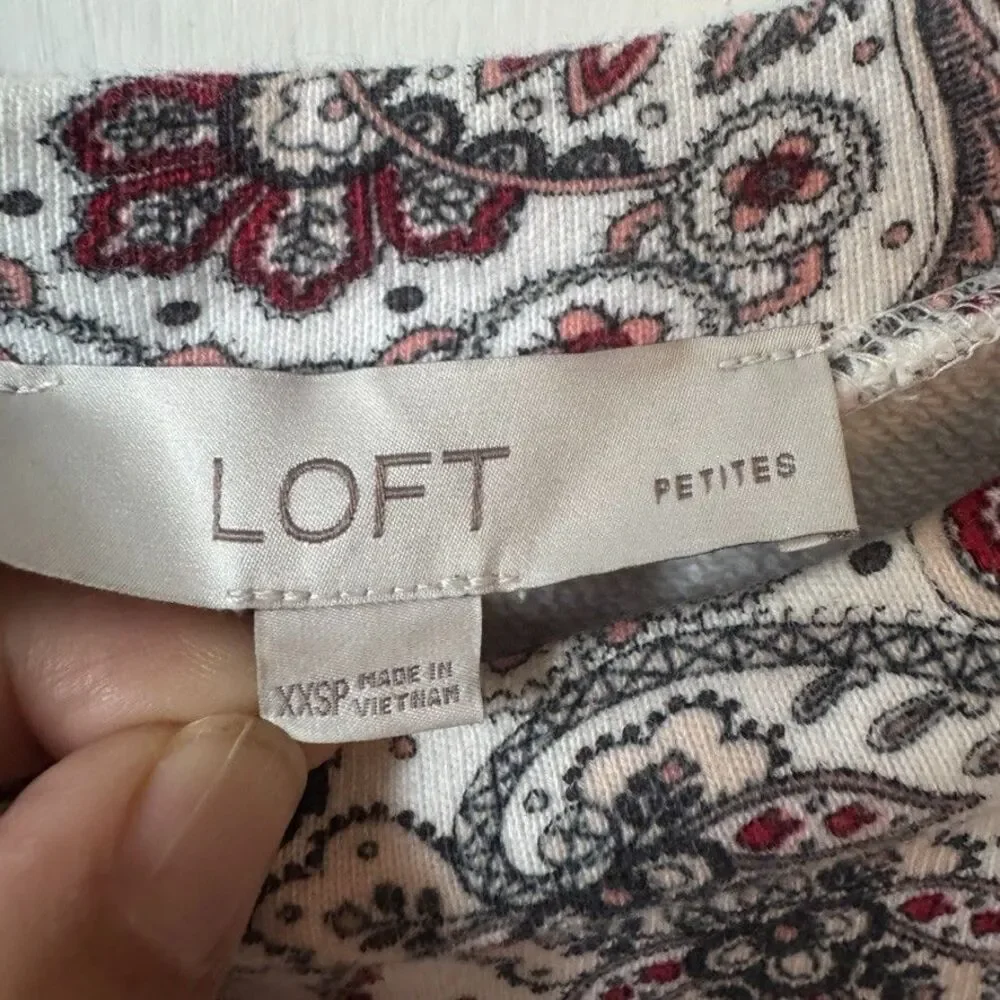 AnnTaylor Loft Sz XXS Petite Red White Paisley Floral Puff Sleeve Top Sweatshirt